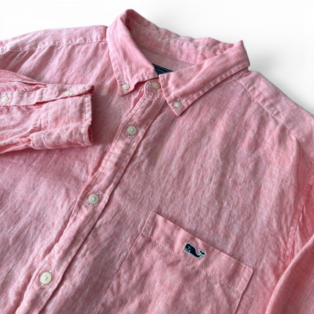 Vineyard Vines 100% Linen Button Down Shirt Men XL Pink Resortwear Whale Logo